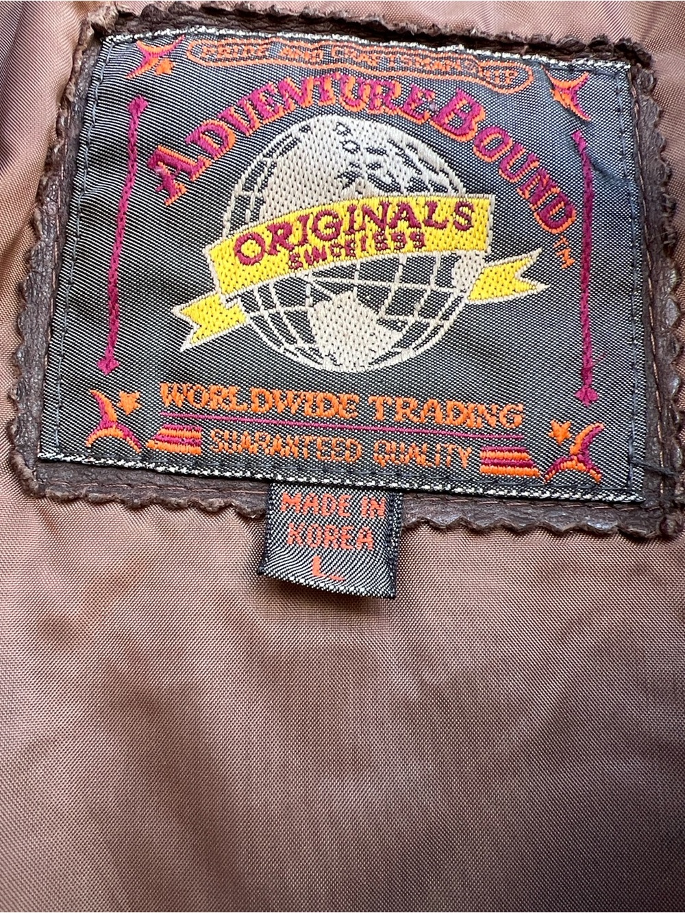 Adventure Bound Originals Embroidered Label - Brown Leather Bomber Jacket
